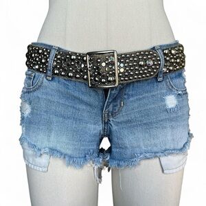 Silver rhinestone studded distressed belt with silver buckle